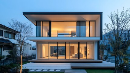 Fototapeta premium Modern Two Story House with Glass Facade and Deck in the Evening