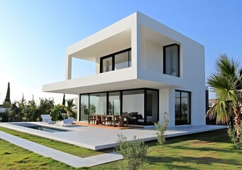 Fototapeta premium Modern White House with Swimming Pool and Garden