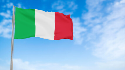 Italy flag in the blue sky.Italy 3d flag floating in the wind with a blue sky in the background