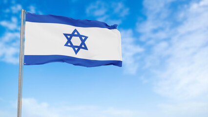 Israel flag in the blue sky.Israel 3d flag floating in the wind with a blue sky in the background