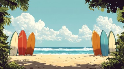 Serene Beach Scene with Colorful Surfboards on Sand, Ocean and Sky Background