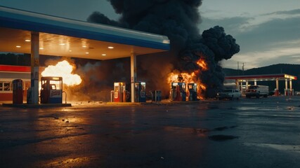 Obraz premium Flames from the gas station explosion are visible from a considerable distance