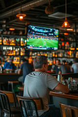 Naklejka premium A middle-aged Brazilian sports fan, engrossed in a sports match on TV at a vibrant bar. The setting includes a well-organized bar area, enthusiastic patrons, and a large TV screen showing the game.