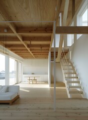 Fototapeta premium Modern Minimalist Wooden House Interior Design With Open Floor Plan and Light Wood Staircase