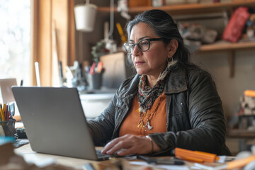 A middle-aged Hispanic architect, focused on her laptop, supervises a home remodeling project. The setting includes a work-in-progress space with construction tools, materials, and design documents.