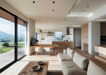 Fototapeta premium Modern Minimalist Home Interior Design With Large Windows And A View Of Nature