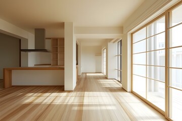Obraz premium Modern Minimalist Kitchen Interior Design with Wooden Floor and Sliding Glass Doors