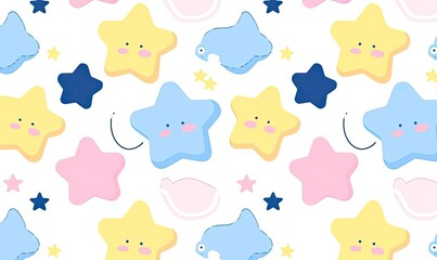 Fototapeta premium A cute pattern featuring colorful stars and playful shapes on a light background.