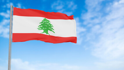 Lebanon flag in the blue sky.Lebanon 3d flag floating in the wind with a blue sky in the background