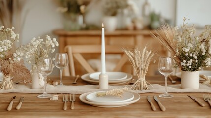 Simple and serene Thanksgiving table setting with dried wheat and white candle for a tranquil celebration
