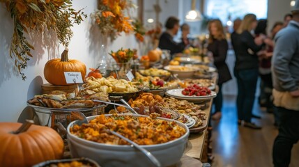 Inclusive Thanksgiving buffet setup in an urban apartment featuring gluten-free, vegan, and low-carb options with guests enjoying the feast