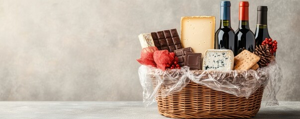 A beautifully arranged gift basket featuring wine, cheese, chocolate, and decorative elements for an elegant presentation.