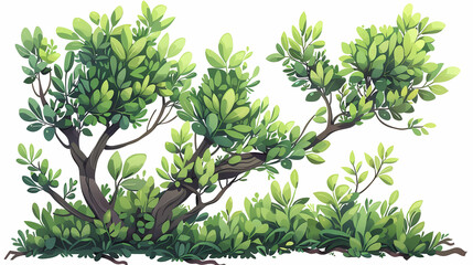 Fototapeta premium Cute green bush from the forest cartoon, isolated nature object for kids design. Branches and leaves of a fluffy bush isolated on a white background. Vector hand drawn illustration in paper cute style