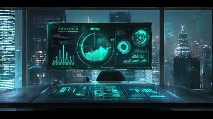 Futuristic workspace with advanced data visualization and city skyline view.