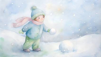 Little Girl in Winter Clothing Building a Snowman, Holding a Snowball in a Snowstorm, Blue Watercolor