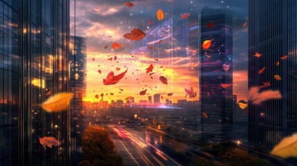 A vibrant sunset scene with falling leaves amidst urban skyscrapers.