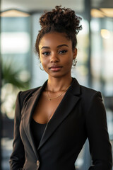 An African American businesswoman in her late 20s, standing in a sleek corporate office, looking at the camera with a confident and approachable expression. The office is well-lit with natural light