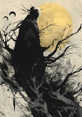 Fototapeta premium Dark Fantasy Art Illustration of a Man Standing in a Tree with a Full Moon in the Background