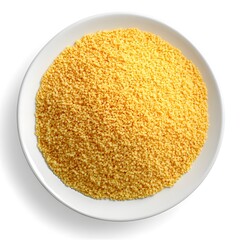 Top view of a bowl filled with raw couscous grains on white background