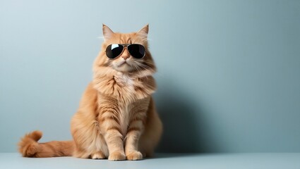Fluffy Orange Cat Wearing Stylish Aviators against Plain Blue Background.