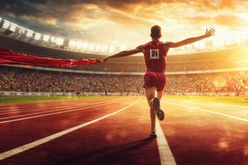 Athlete crossing the finish line with arms outstretch