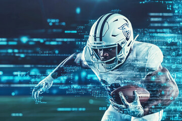 Image of data processing over african american american football player. Sports, competition, data processing.