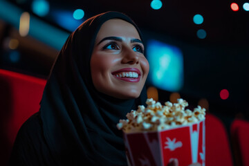 An Arabian woman smiling broadly while enjoying popcorn in a cinema, her face lit by the glow of the screen showing a funny scene from a comedy movie. The theater is dimly lit, enhancing the intimate