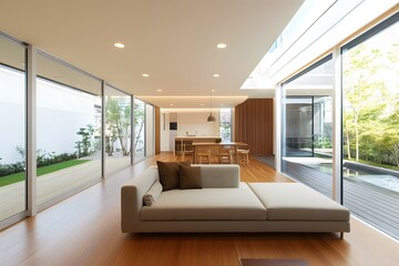 Fototapeta premium Modern Minimalist Home Interior Design with Large Windows and Wooden Flooring