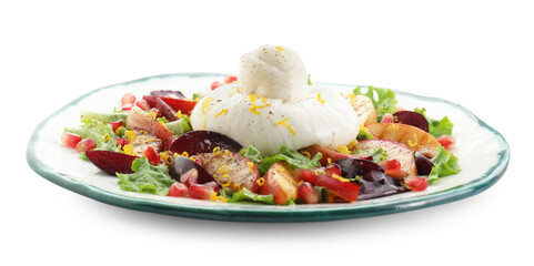 Plate with fresh burrata salad isolated on white