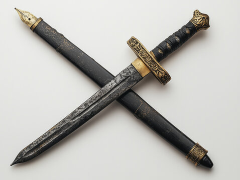 A fountain pen and sword crossed symbolize the power of words and logic versus violence, reflecting the saying that the pen is mightier than the sword.