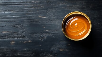 Sauce can on black wood, space for text.
