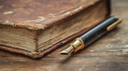 A vintage pen rests on an aged, weathered book, its worn pages and cover showcasing a sense of history and nostalgia.