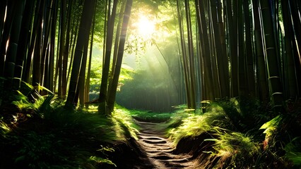 Obraz premium Narrow trail cutting through a dense bamboo forest with sunbeams illuminating the path AI generative.