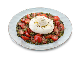 Fresh delicious burrata salad isolated on white
