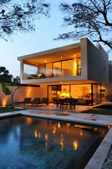 Modern House with Swimming Pool at Night