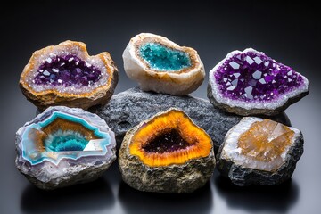 A collection of shiny gemstones, each rock polished to reveal vibrant colors and unique crystal structures