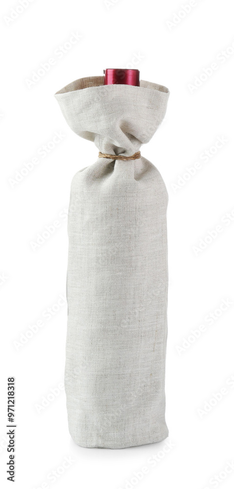 Poster Wine bottle in burlap package isolated on white