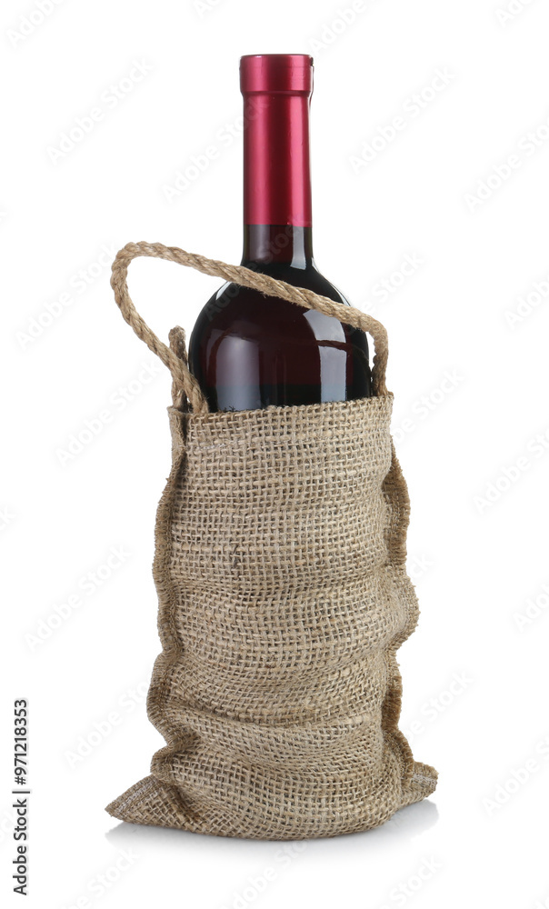 Canvas Prints Wine bottle in burlap bag isolated on white