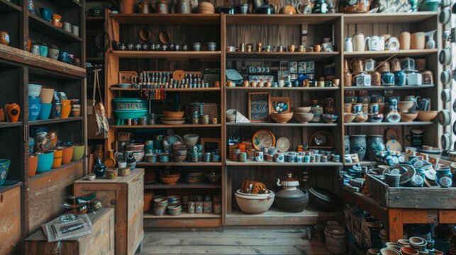 Vintage Pottery Shop Interior Shelves Display