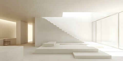 Fototapeta premium Modern Minimalist White Interior Design With Stairs