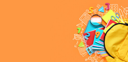 Stylish school backpack and different stationery on orange background