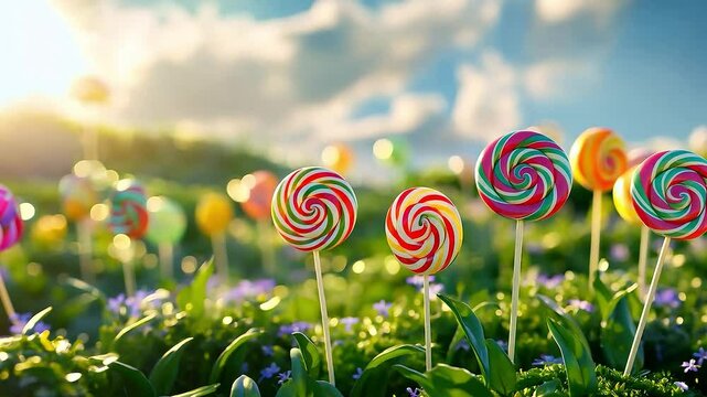 Lollipops in the park, colorful candy land playground, sweet swirl candies, isolated background, cute cartoon environment happy amusement park, fantasy world, hills epic cinematic	