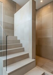 Obraz premium Modern Interior Design with Beige Tiles and Glass Handrail