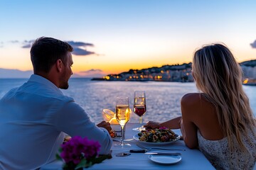 A couple enjoying a romantic dinner by the sea, with the sun setting over the Mediterranean and a view of the Old Port in the distance