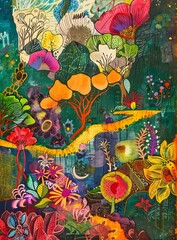 Vibrant Watercolor Illustration of a Fantasy Forest