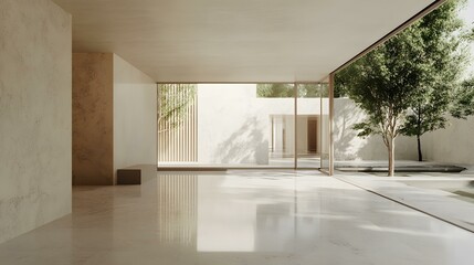 Minimalist Interior Design with Large Windows and a View of a Courtyard