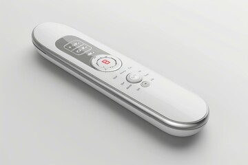 Modern remote control is lying on a white surface, featuring a sleek design and advanced functionality