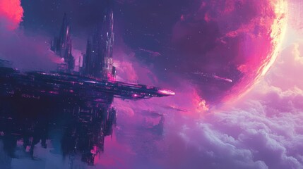 A vibrant, futuristic landscape featuring a cosmic scene with a large planet and structures.