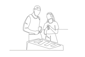 Two couples chatting while barbequeing. Barbequing with friends or family concept one-line drawing