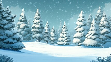 A winter cartoon scene with snow-laden trees, blanketed in white, perfect for seasonal messages or text in a whimsical setting.